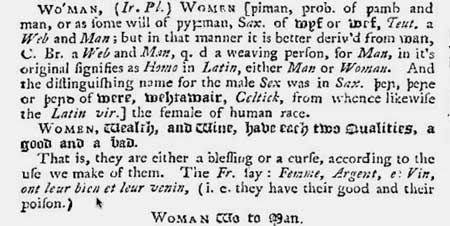 baileywoman Nathan Bailey derives woman from 'womb + man' and suggests the connection 'woe to man'