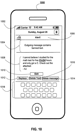 figure 10 from Apple's patent application shows an iPhone with objectionable text marked for revision or deletion