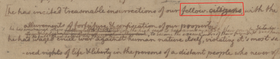 Excerpt from rough draft of Declaration showing the sentence that Jefferson edited